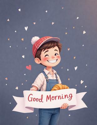 The primary subject of the image is a smiling cartoon boy holding a sign that reads "Good Morning." The setting is a blue background, and the visual style is a digital art illustration. The colors are predominantly blue and white, creating a calm and friendly atmosphere.
