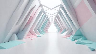 The primary subject of the image is a long, narrow hallway with a white background. The hallway is lined with colorful walls, creating a vibrant and lively atmosphere. The visual style of the image is digital art, as it appears to be a computer-generated or digitally manipulated scene. The colors and mood of the image are predominantly white and bright, with the colorful walls adding a sense of energy and liveliness to the space.