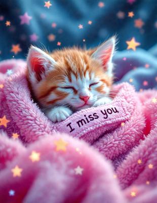 The primary subject of the image is a small kitten, which is laying down and sleeping. The setting is a pink blanket, and the visual style is a photo. The kitten is surrounded by a warm and cozy atmosphere, as it is curled up and resting on the blanket.