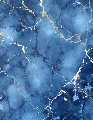The primary subject of the image is a blue marble wall with gold accents. The setting is a room with a blue and gold marble wall, which serves as the background. The visual style is a combination of a photo and digital art, creating a unique and intricate design. The dominant colors are blue and gold, giving the wall a luxurious and elegant appearance.