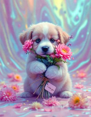 The primary subject of the image is a small puppy dog holding a bouquet of pink flowers. The dog is positioned in the center of the image, and the flowers are scattered around it. The setting appears to be a pink background, which adds a warm and cheerful atmosphere to the scene. The visual style of the image is a combination of photo and digital art, creating a realistic yet artistic representation of the puppy and the flowers.