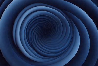 The primary subject of the image is a blue spiral, which appears to be a part of a larger blue circle. The setting is a dark blue background, and the visual style is a combination of a photo and a digital art or illustration. The dominant colors are blue and black, creating a calm and serene atmosphere.