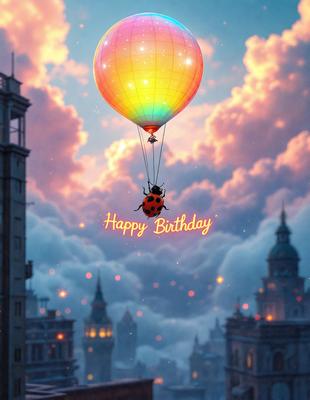 The primary subject of the image is a colorful hot air balloon with a ladybug on it, flying in the sky. The setting is a cloudy sky, and the visual style is a digital art or illustration. The colors and mood of the image are vibrant and cheerful, as the hot air balloon is decorated with a ladybug, which is often associated with happiness and good luck.