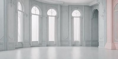 The image is a white room with a large window. The room is filled with white curtains, and the window is adorned with white curtains as well. The room appears to be empty, with no furniture or people visible. The overall atmosphere is clean and minimalistic.