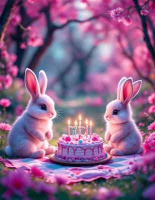 The primary subject of the image is a cake with lit candles, placed on a table. The setting is a garden, with pink flowers surrounding the cake. The visual style is a digital art, creating a whimsical and magical atmosphere. The colors are predominantly pink, which adds to the overall mood of the scene.