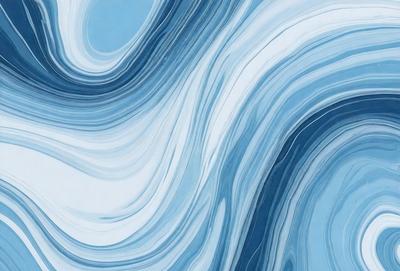 The primary subject of the image is a large, blue, swirling wave. The setting is a blue ocean, and the visual style is a digital art or illustration. The dominant colors are blue and white, creating a serene and calming atmosphere.
