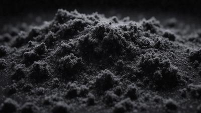 The primary subject of the image is a pile of black powder, which appears to be a mix of sand and gravel. The setting is a dark room, and the visual style is a close-up of the black powder. The colors and mood of the image are predominantly dark, with the black powder being the main focus.