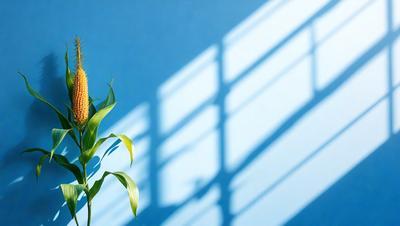 The primary subject of the image is a plant with a long green stem and a yellow flower. The plant is placed in a blue vase, which is situated on a blue wall. The setting appears to be a room with a window, as the plant is positioned in front of it. The visual style of the image is a photo, capturing the plant and its surroundings in detail. The dominant colors in the image are blue and green, creating a calm and serene atmosphere.
