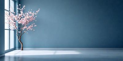 The primary subject of the image is a vase filled with flowers, placed on a table. The setting is a blue wall, which serves as the backdrop for the vase and flowers. The visual style is a photo, capturing the beauty of the flowers and the vase. The colors and mood of the image are predominantly blue, creating a calm and serene atmosphere.