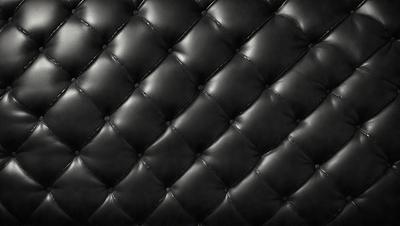 The primary subject of the image is a black leather couch with a black and white pattern. The setting is a black background, which emphasizes the couch's design. The visual style is a close-up of the couch, showcasing its details. The colors and mood of the image are predominantly black, giving it a sleek and modern appearance.
