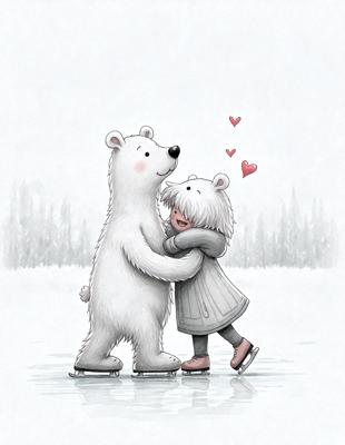 The image features a white polar bear and a small girl dressed in a white coat, standing together on a snowy surface. The girl is hugging the bear, and they appear to be enjoying a playful moment. The scene is set in a wintery environment, with trees visible in the background. The overall atmosphere of the image is warm and joyful, as the girl and the bear share a special bond.