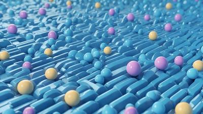 The primary subject of the image is a blue surface with a pattern of small, colorful balls scattered across it. The balls are of various colors, including blue, yellow, and purple. The setting appears to be a digital art or illustration, as the balls are arranged in a visually appealing manner. The overall atmosphere of the image is vibrant and lively, with the colorful balls creating a sense of movement and energy.