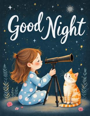 The primary subject of the image is a young girl sitting on the ground, holding a telescope. The setting is a nighttime scene with a starry sky in the background. The visual style is an illustration, depicting a whimsical and imaginative scene. The colors and mood are predominantly dark and moody, with the starry sky adding a sense of wonder and curiosity to the image.