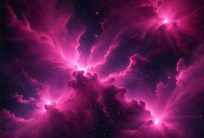 The primary subject of the image is a pink nebula, which is a cloud of gas and dust in space. The setting is a dark, starry sky, with the nebula being the main focus of the image. The visual style is a combination of a photo and digital art, creating a unique and captivating representation of the nebula. The colors and mood of the image are predominantly pink, giving it a warm and serene atmosphere.