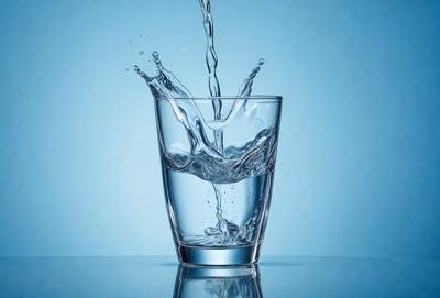 The primary subject of the image is a glass of water, which is filled with water and has a blue background. The visual style of the image is a photo, and the colors and mood are predominantly blue, creating a calm and serene atmosphere.