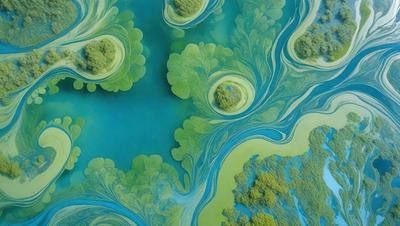 The primary subject of the image is a painting of a blue water surface with green leaves and circles. The setting is a blue water surface with green leaves and circles, and the visual style is a painting. The dominant colors are blue and green, creating a serene and calming atmosphere.