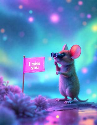 The primary subject of the image is a small mouse with a pair of glasses, standing on a rock and looking at a pink flag. The mouse appears to be wearing a pair of glasses, which adds a whimsical touch to the scene. The setting is a colorful, surreal environment, with a purple sky and a pink flag. The visual style of the image is a combination of digital art and illustration, creating a unique and imaginative scene. The colors and mood of the image are v