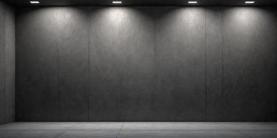 The primary subject of the image is a large, gray concrete wall. The setting is a room with a concrete floor, and the visual style is a photo. The dominant colors are gray and white, creating a neutral and industrial atmosphere.