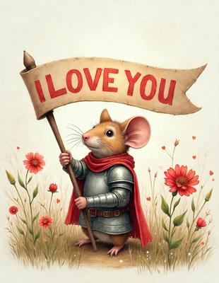 The primary subject of the image is a mouse, which is depicted as a knight in a medieval-themed painting. The mouse is holding a flag and is surrounded by a field of flowers. The setting includes a grassy area with a variety of flowers, creating a lush and vibrant backdrop. The visual style of the image is a combination of digital art and illustration, giving it a unique and creative appearance. The colors and mood of the painting are warm and inviting, with the mouse's kn