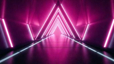 The primary subject of the image is a long, narrow hallway with a pink lighting effect. The setting is a dark room with a pink background, giving the scene a unique and visually striking appearance. The visual style is a combination of a photo and digital art, creating a surreal and futuristic atmosphere. The dominant colors are pink and purple, which contribute to the overall mood of the scene.