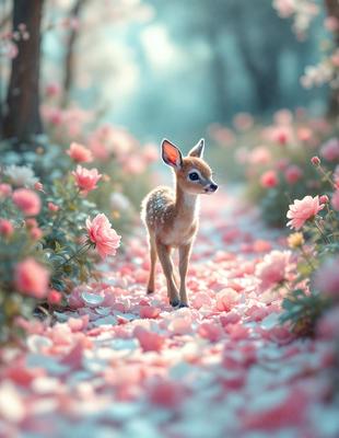 The primary subject of the image is a baby deer walking through a field of pink flowers. The setting is a beautiful, colorful garden with a path for the deer to follow. The visual style is a combination of photo and digital art, creating a vibrant and lively atmosphere. The dominant colors are pink and white, with the pink flowers and the baby deer's fur, creating a serene and peaceful mood.