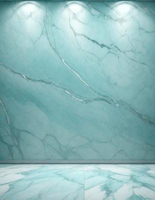 The primary subject of the image is a marble wall with a blue tint. The setting is a room with a white floor, and the visual style is a photo. The dominant colors are blue and white, creating a calm and sophisticated atmosphere.