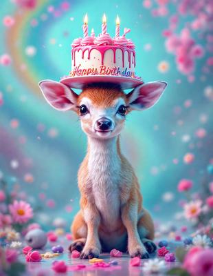 The primary subject of the image is a deer with a birthday cake on its head. The deer is sitting on a pink background, which adds a cheerful and festive atmosphere to the scene. The visual style of the image is digital art, as it appears to be a well-crafted and detailed illustration. The colors and mood of the image are predominantly pink, which is associated with birthdays and celebrations.