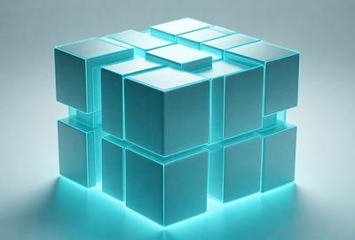 The primary subject of the image is a large, three-dimensional blue cube. The cube is made of clear glass, giving it a transparent appearance. The setting is a white background, which provides a clean and uncluttered environment for the cube to stand out. The visual style of the image is a combination of photo and digital art, as the cube appears to be a three-dimensional object, but the background is white, which is not a typical setting for a three-dimensional object. The colors and mood of the image are pre