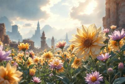 The primary subject of the image is a field of flowers, with a focus on a large yellow sunflower. The setting is a beautiful landscape with a mountain in the background. The visual style is a combination of photo and digital art, creating a vibrant and lively atmosphere. The dominant colors are yellow, orange, and purple, with the sunflower being the most prominent. The overall mood of the image is cheerful and uplifting.