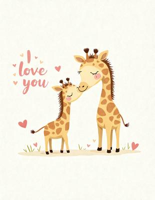 The image features a heartwarming scene of a baby giraffe and an adult giraffe standing close to each other. The baby giraffe is nuzzling its head into the adult giraffe's neck, creating a tender moment between the two. The background is a grassy area, providing a natural setting for the scene. The visual style of the image is a combination of photo and digital art, resulting in a beautiful and realistic representation of the giraffes. The colors and mood of the image