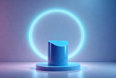 The primary subject of the image is a blue, illuminated, circular object, which appears to be a chair. The setting is a white background, and the visual style is a photo. The dominant colors are blue and white, creating a clean and modern atmosphere.