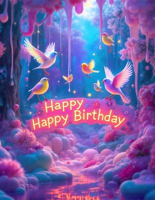 The primary subject of the image is a group of birds, specifically yellow birds, flying in a pink and purple sky. The setting is a whimsical, colorful environment with a backdrop of a forest. The visual style is a combination of digital art and illustration, creating a vibrant and lively atmosphere. The colors and mood of the image are predominantly pink and purple, giving it a cheerful and playful vibe.
