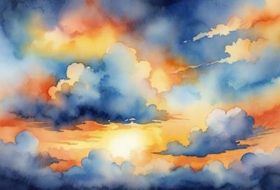 The primary subject of the image is a beautiful sunset with a cloudy sky. The setting is a cloudy sky, and the visual style is a painting or drawing. The colors and mood of the image are warm and serene, with the sunset creating a sense of tranquility and peacefulness.