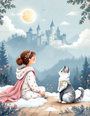 The primary subject of the image is a young girl sitting on the ground, accompanied by a cat. The setting is a snowy landscape, with a castle visible in the background. The visual style is an illustration, and the colors and mood are predominantly white and serene, with a touch of warmth from the girl's clothing and the cat's fur.