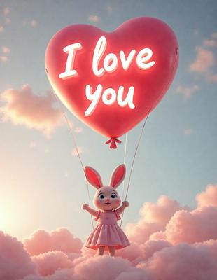 The primary subject of the image is a heart-shaped balloon with the words "I love you" written on it. The balloon is floating in the sky, and it appears to be a digital art or illustration. The setting is a cloudy sky, and the visual style gives the impression of a whimsical and romantic atmosphere. The colors are predominantly pink, which adds to the overall mood of the image.