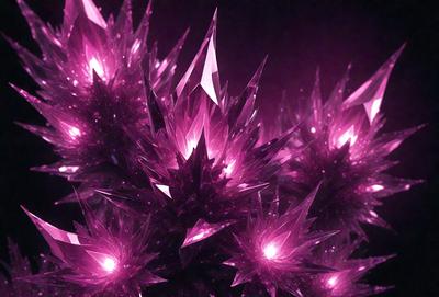 The primary subject of the image is a cluster of purple crystals, which are the main objects in the scene. The setting is a dark background, which contrasts with the bright purple crystals. The visual style of the image is a combination of photo and digital art, creating a unique and eye-catching display. The dominant colors in the image are purple and pink, giving the scene a vibrant and lively atmosphere.
