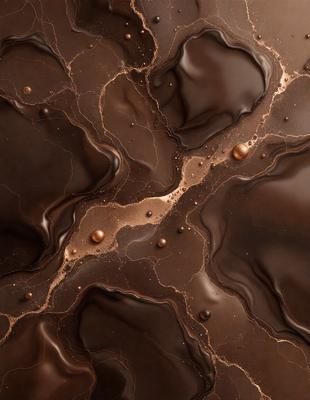 The primary subject of the image is a close-up of a chocolate-covered surface, possibly a chocolate cake or a chocolate-covered item. The setting is a dark background, which contrasts with the chocolate, making it the focal point of the image. The visual style appears to be a close-up of the chocolate, possibly a photo or a digital art piece. The colors and mood of the image are predominantly dark, with the chocolate being the