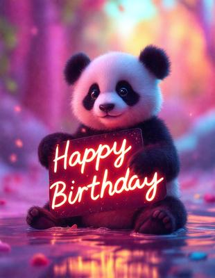 The primary subject of the image is a cute panda bear holding a neon sign that reads "Happy Birthday." The setting is a colorful and vibrant environment, with the panda bear standing on a pink surface. The visual style is a combination of digital art and illustration, creating a fun and lively atmosphere. The colors and mood of the image are predominantly pink and happy, reflecting the joyful theme of the "Happy Birthday" sign.