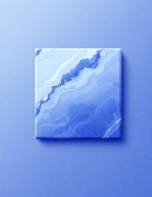The primary subject of the image is a square painting featuring a blue marble-like texture. The setting is a blue background, which complements the painting's color scheme. The visual style is a combination of digital art and illustration, creating a unique and eye-catching piece of art. The dominant colors are blue and white, giving the painting a calming and serene atmosphere.