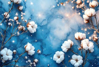 Primary subject: White flowers
Setting/background: Blue sky with stars
Visual style: Digital art
Colors and mood: Blue and white, serene and peaceful