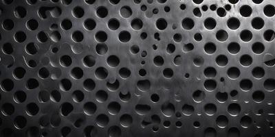 The primary subject of the image is a close-up of a metal surface with numerous holes in it. The setting is a dark background, which contrasts with the metal surface. The visual style is a combination of a photo and a pattern, as the holes are arranged in a visually appealing manner. The colors and mood of the image are predominantly dark, with the metal surface and the holes being the main focus.