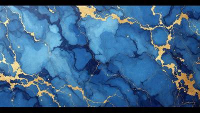 The primary subject of the image is a blue and gold marbled wall. The setting is a room with a blue and gold marbled wall, which serves as the background. The visual style is a combination of photo and digital art, creating a unique and intricate pattern. The dominant colors are blue and gold, giving the wall a luxurious and elegant appearance.