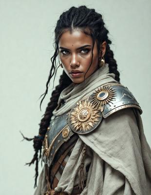 The primary subject of the image is a woman wearing a gold and brown outfit, with a sun design on her chest. She is looking directly at the camera, and her hair is in braids. The setting is a room with a wall in the background. The visual style is a combination of photo and digital art, creating a unique and intriguing image. The colors and mood are warm and inviting, with the gold and brown tones adding a sense of richness and elegance to the scene.