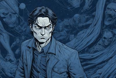 The primary subject of the image is a man wearing a blue jacket and a black shirt. He is looking at the camera with a serious expression. The setting is a dark room with a group of people in the background. The visual style is a comic book illustration, with the man being the main focus. The colors and mood are dark and moody, with the man being the only person with a distinctive appearance.