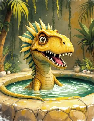 The primary subject of the image is a cartoon dinosaur, specifically a yellow and green alligator dinosaur, sitting in a bathtub filled with water. The dinosaur appears to be enjoying a relaxing bath, with its mouth open. The setting is a bathroom, and the visual style is a cartoon illustration. The colors and mood of the image are light-hearted and fun, with the dinosaur being the main focus of the scene.