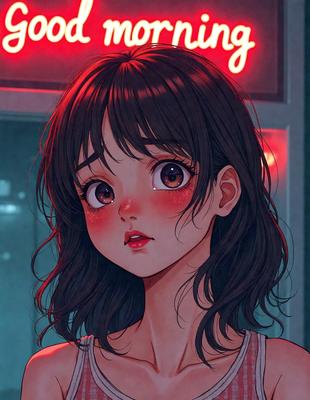 The primary subject of the image is a woman with dark hair, wearing a white tank top. She is standing in front of a red neon sign, which is part of the setting. The visual style of the image is a digital art or illustration, with the woman's eyes being the focal point. The colors in the image are predominantly red and white, creating a bold and striking atmosphere.