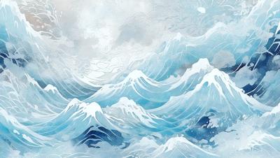 The primary subject of the image is a large body of water with waves crashing. The setting is a cloudy sky, which adds to the overall atmosphere of the scene. The visual style of the image is a combination of digital art and illustration, creating a dynamic and captivating representation of the ocean. The dominant colors in the image are blue and white, which contribute to the serene and calming mood of the scene.