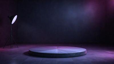 The primary subject of the image is a large, purple, circular object, possibly a stage or a platform, with a blue background. The setting appears to be a darkened room, possibly a theater or a performance space. The visual style of the image is a combination of photo and digital art, creating a unique and intriguing atmosphere. The dominant colors in the image are purple and blue, which contribute to the overall mood of the scene.