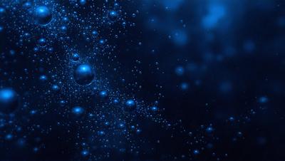 The primary subject of the image is a cluster of blue bubbles floating in a dark blue background. The setting appears to be a night sky, with the bubbles creating a sense of depth and movement. The visual style of the image is a combination of a photo and digital art, as the bubbles are depicted in a realistic manner while the background is dark and void of any other objects. The colors and mood of the image are predominantly dark and moody, with the blue bubbles standing out against