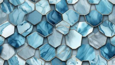 The primary subject of the image is a blue and white marble wall. The setting is a room with a blue and white marble wall as the main focus. The visual style is a close-up of the marble wall, showcasing its intricate patterns and textures. The dominant colors are blue and white, creating a serene and elegant atmosphere.